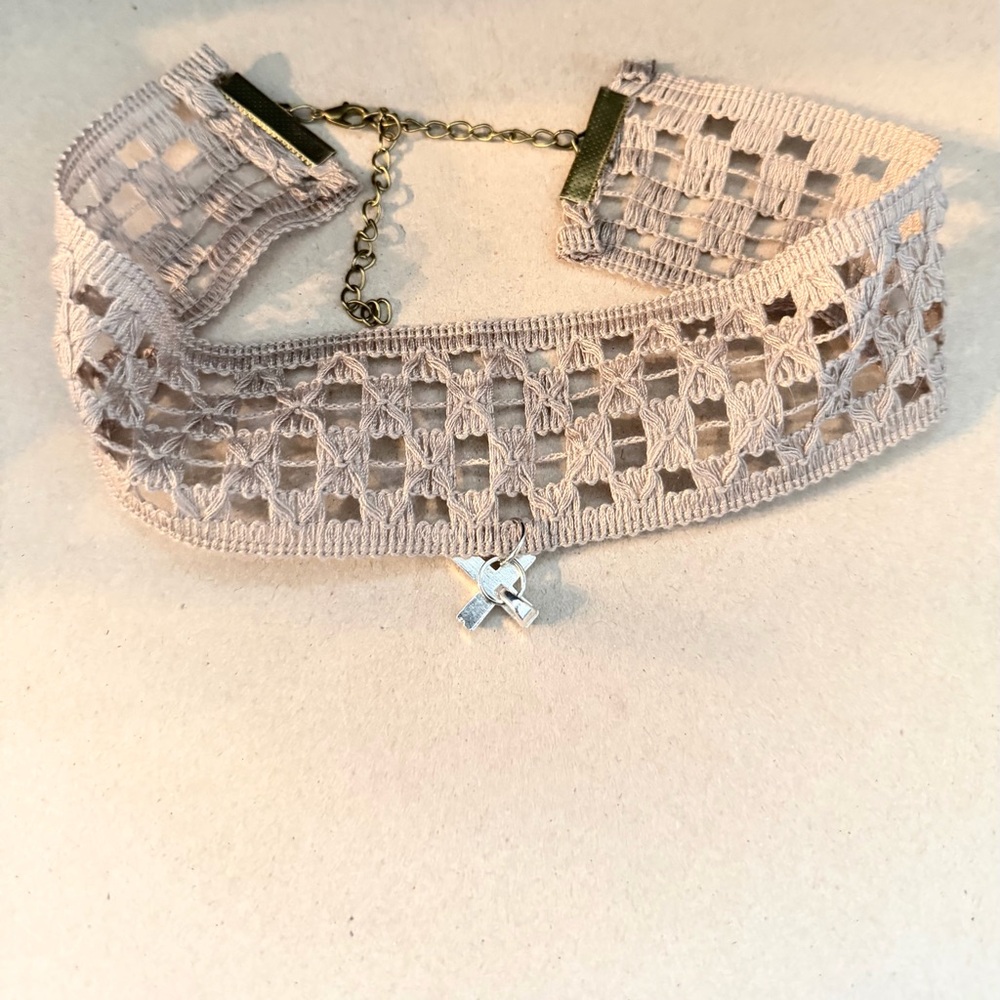 Delicate Crochet Lace Choker Necklace with Cross Silver Charm -